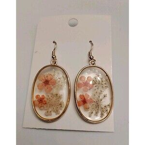 Floral Framed Flower Dangle Earrings Gold Tone 2" X  .75"